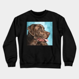 Painting of a Chocolate Labrador with Its Tongue Out, Blue Background Crewneck Sweatshirt